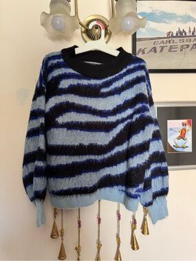 Anthropologie Blue and Black Striped Fuzzy Crewneck Sweater